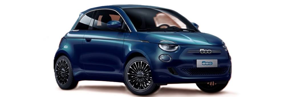 Blå Fiat 500e. Fiat märkesverkstad Enköping Blå Fiat 500e. Fiat märkesverkstad Enköping